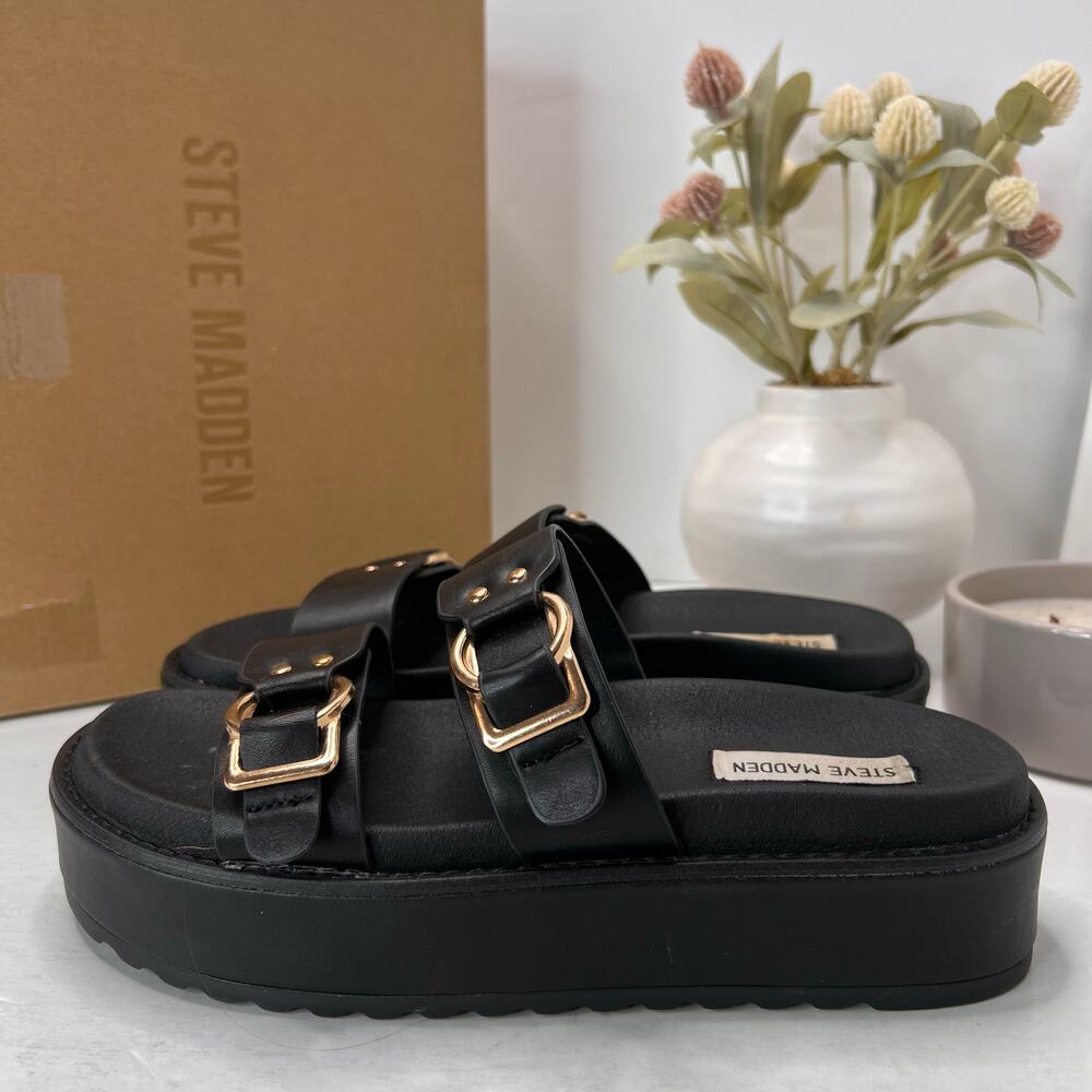 Steve Madden Brooklin Double Strap Sandal Black Gold Tone Buckles Women 9.5M - Picture 3 of 11